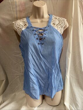Express Lace-Trim Striped Lace-Up Tank Top - Blue